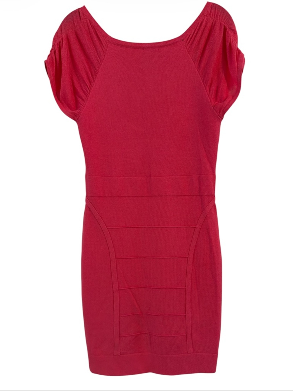 2b Bebe Pink Bandage Dress Cap Sleeve Ruched Bodycon Scoop Neck Mini Size L - Picture 2 of 9